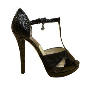 Michael Kors Women’s Black Leather T-Strap High Heel Platform Sandals Size 7.5M